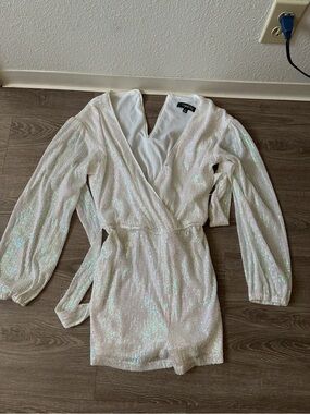 Crystal Sky White Long-Sleeve Wrap Romper Dress